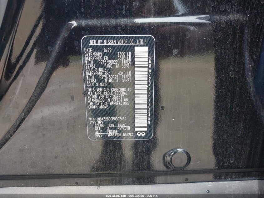 2023 Infiniti Qx80 Sensory Awd VIN: JN8AZ2BE0P9302459 Lot: 45507488