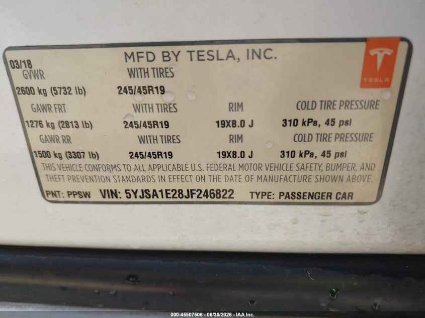 2018 Tesla Model S 100D/75D/P100D VIN: 5YJSA1E28JF246822 Lot: 45507506