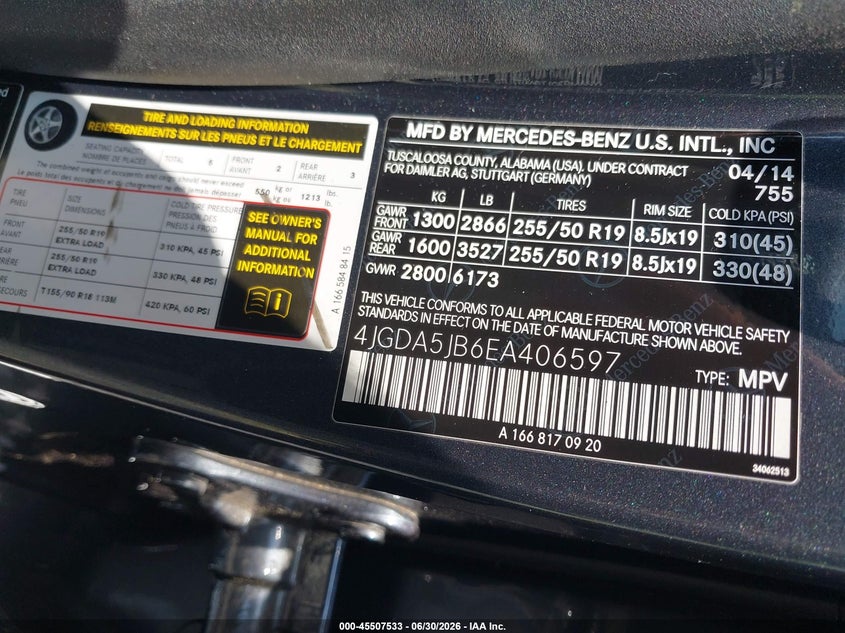 2014 Mercedes-Benz Ml 350 VIN: 4JGDA5JB6EA406597 Lot: 45507533