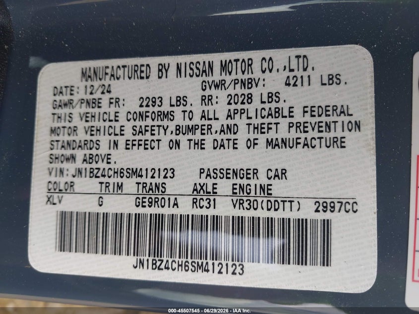 2025 Nissan Z Nismo 9-Speed Automatic Transmission VIN: JN1BZ4CH6SM412123 Lot: 45507545