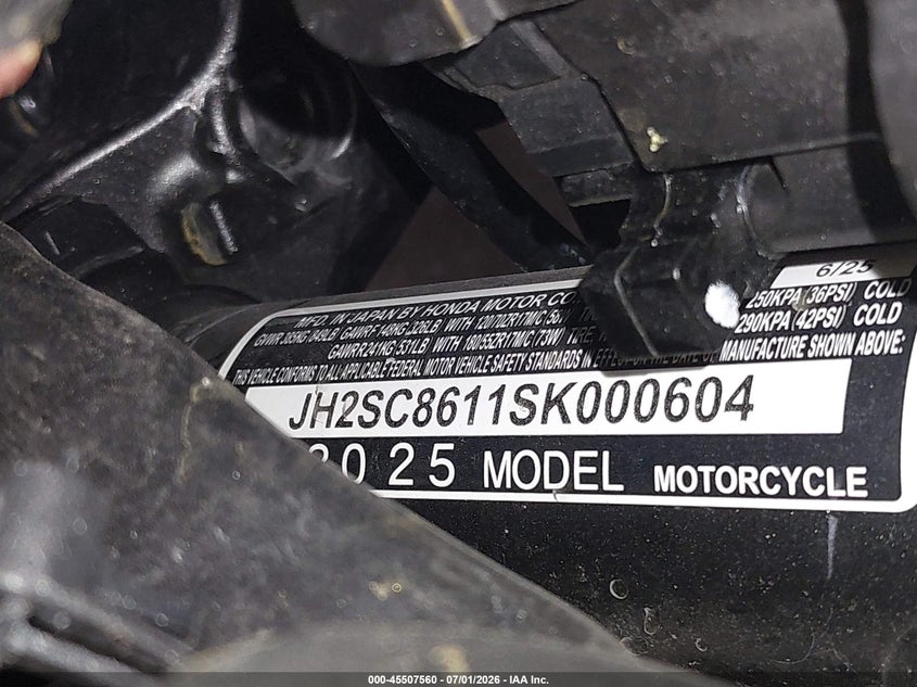 2025 Honda Cb1000 Sp VIN: JH2SC8611SK000604 Lot: 45507560