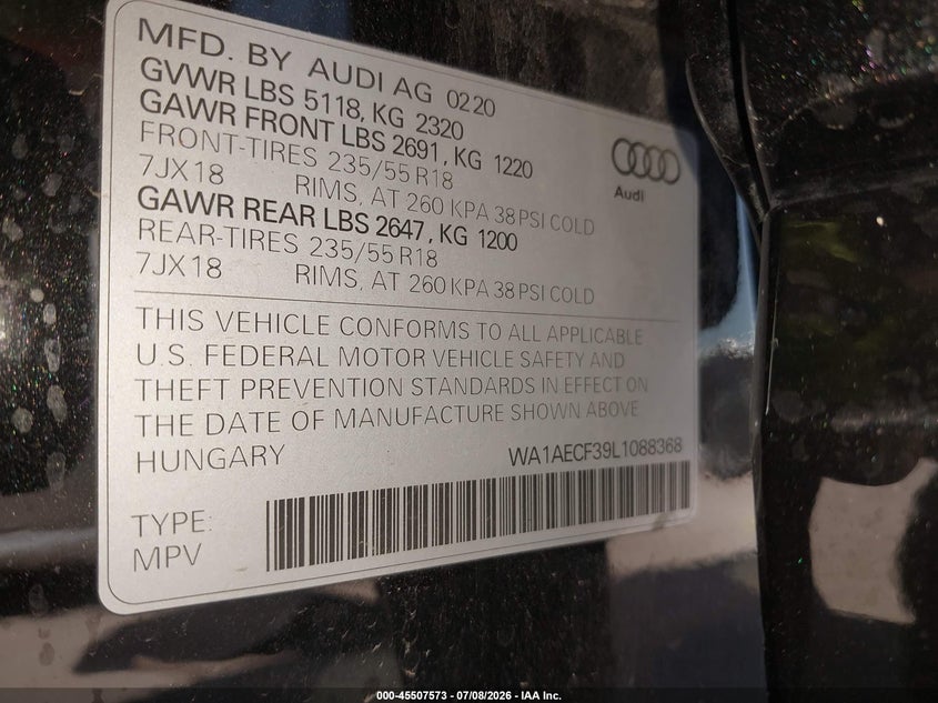 2020 Audi Q3 Premium 45 Tfsi Quattro Tiptronic VIN: WA1AECF39L1088368 Lot: 45507573