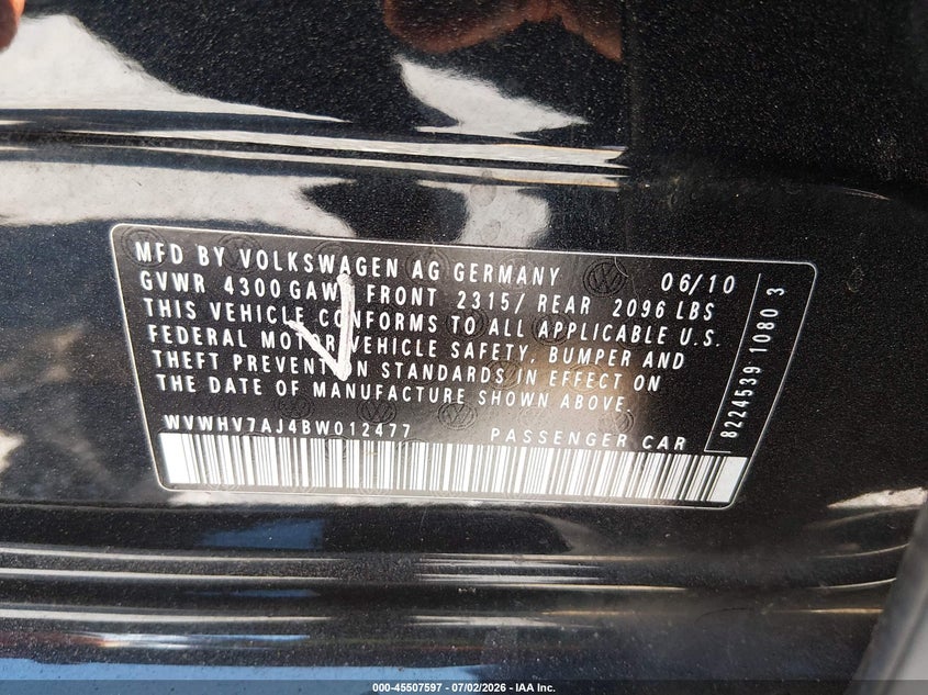 2011 Volkswagen Gti 4-Door/4-Door Autobahn VIN: WVWHV7AJ4BW012477 Lot: 45507597