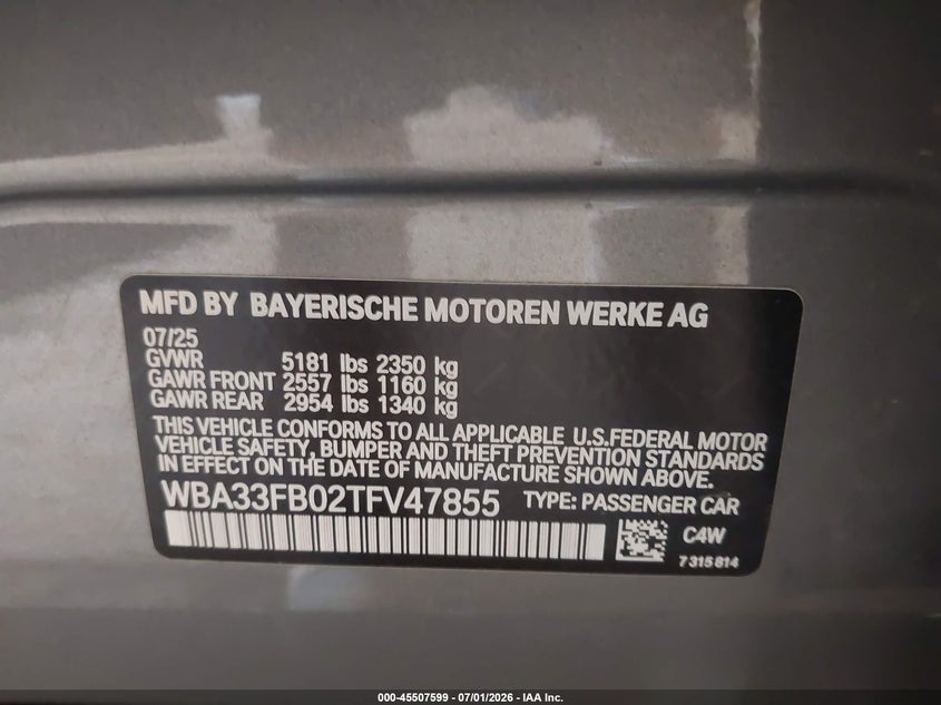 2026 BMW 430I Gran Coupe xDrive VIN: WBA33FB02TFV47855 Lot: 45507599