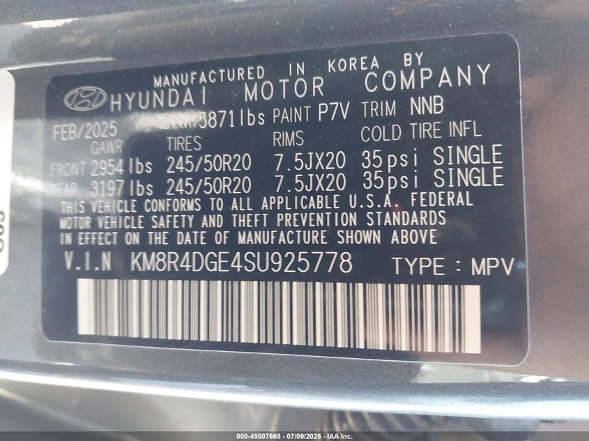 2025 Hyundai Palisade Sel Premium VIN: KM8R4DGE4SU925778 Lot: 45507668