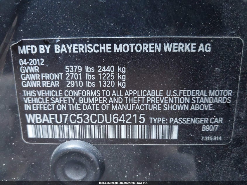 BMW 535I 2012 VIN WBAFU7C53CDU64215