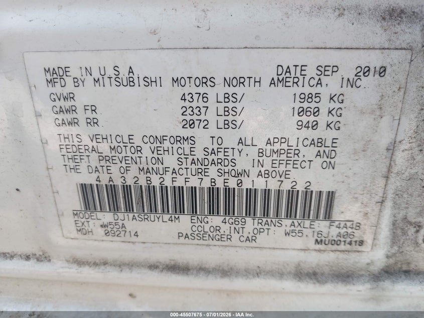 2011 Mitsubishi Galant Fe VIN: 4A32B2FF7BE011722 Lot: 45507675