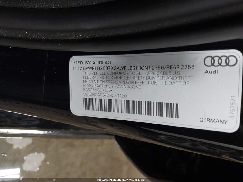 2013 Audi A6 3.0T Premium VIN: WAUHGAFC4DN083220 Lot: 45507676