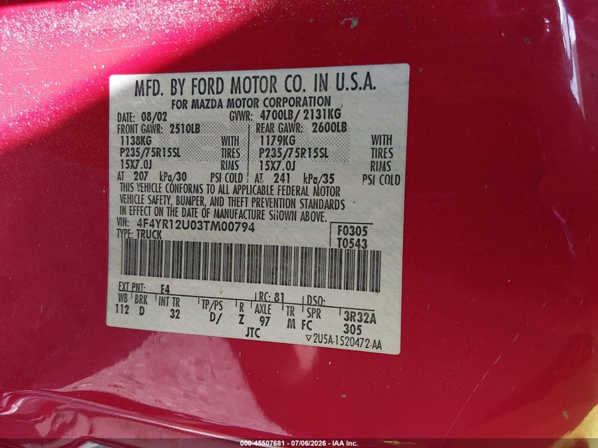 2003 Mazda B3000 Ds VIN: 4F4YR12U03TM00794 Lot: 45507681