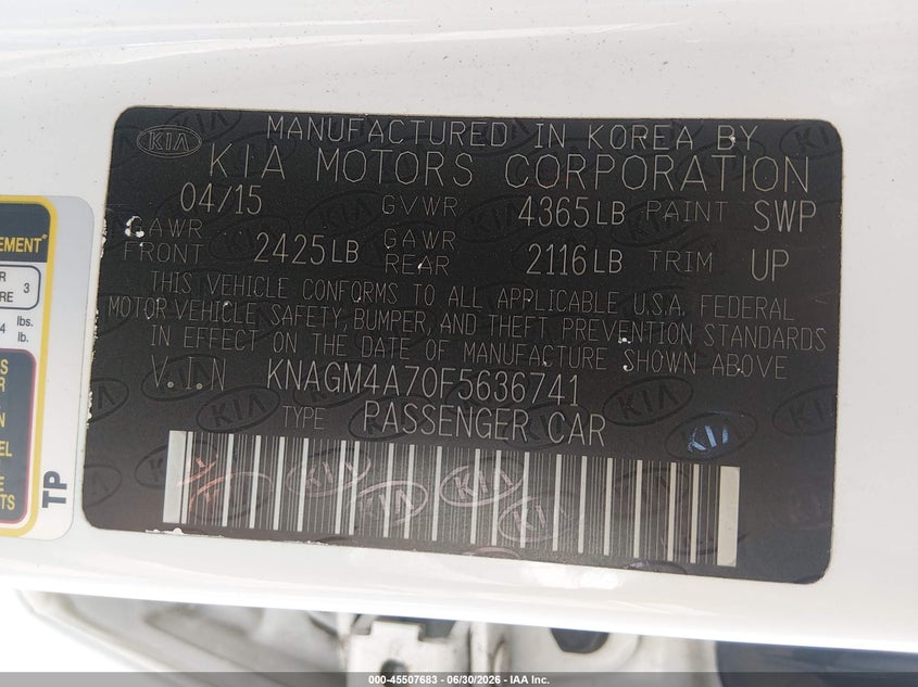 2015 KIA OPTIMA SEDAN 2.4L I-4 DI, DOHC, VVT, 192HP