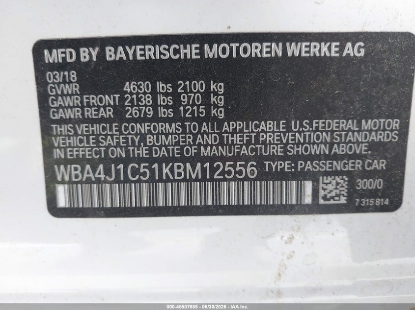 2019 BMW 4ER HATCHBACK 2.0L I-4 DI, DOHC, VVT, TURBO, 248HP