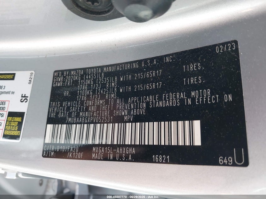 2023 Toyota Corolla Cross Le VIN: 7MUBAABGXPV052531 Lot: 45507770