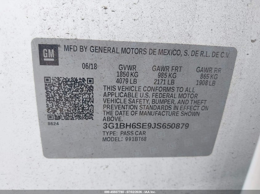 CHEVROLET CRUZE 2018 VIN 3G1BH6SE9JS650879