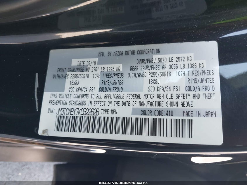 2019 Mazda Cx-9 Sport VIN: JM3TCABY7K0322626 Lot: 45507795