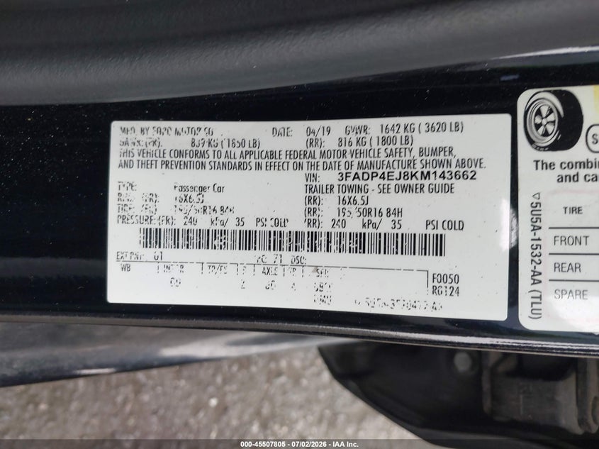 2019 Ford Fiesta Se VIN: 3FADP4EJ8KM143662 Lot: 45507805
