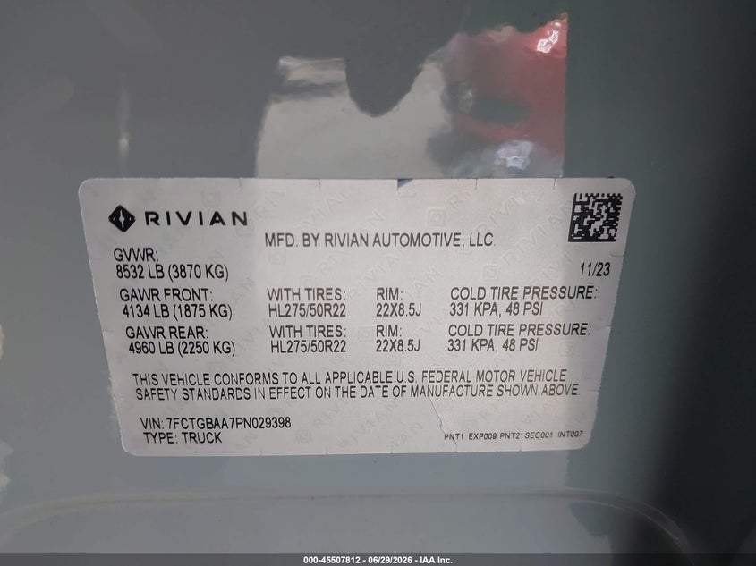 2023 Rivian R1T Adventure/Adventure Dual Motor Large Pack/Adventure Dual Motor Max Pack VIN: 7FCTGBAA7PN029398 Lot: 45507812