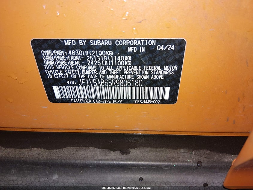 2024 Subaru Wrx VIN: JF1VBAB65R9806180 Lot: 45507844