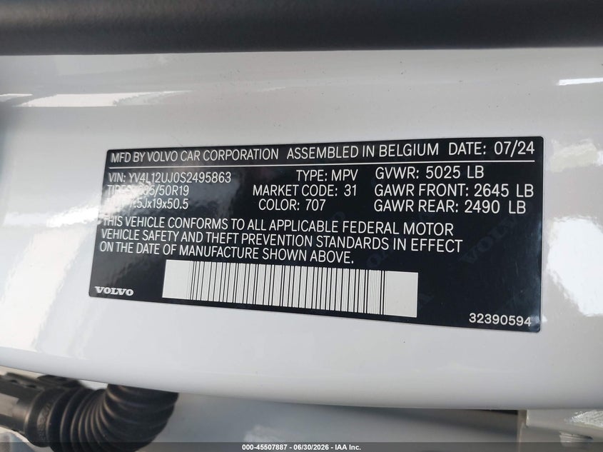 2025 Volvo Xc40 B5 Core Bright Theme VIN: YV4L12UJ0S2495863 Lot: 45507887