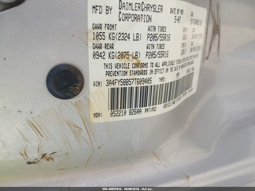 CHRYSLER PT CRUISER 2007 VIN 3A4FY58B57T609405