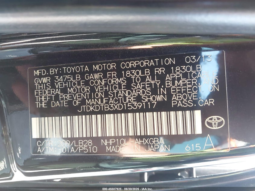 2013 Toyota Prius C Four VIN: JTDKDTB3XD1539117 Lot: 45507925