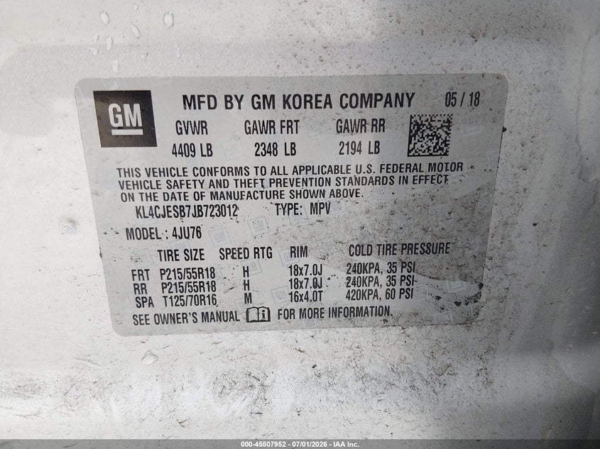 BUICK ENCORE 2018 VIN KL4CJESB7JB723012