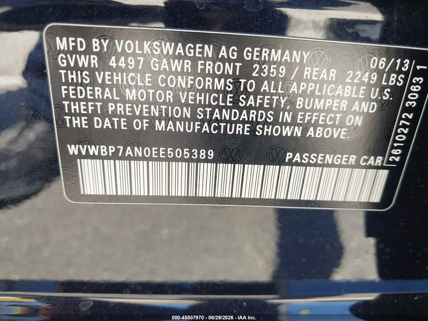 2014 Volkswagen Cc Sport VIN: WVWBP7ANOEE505389 Lot: 45507970