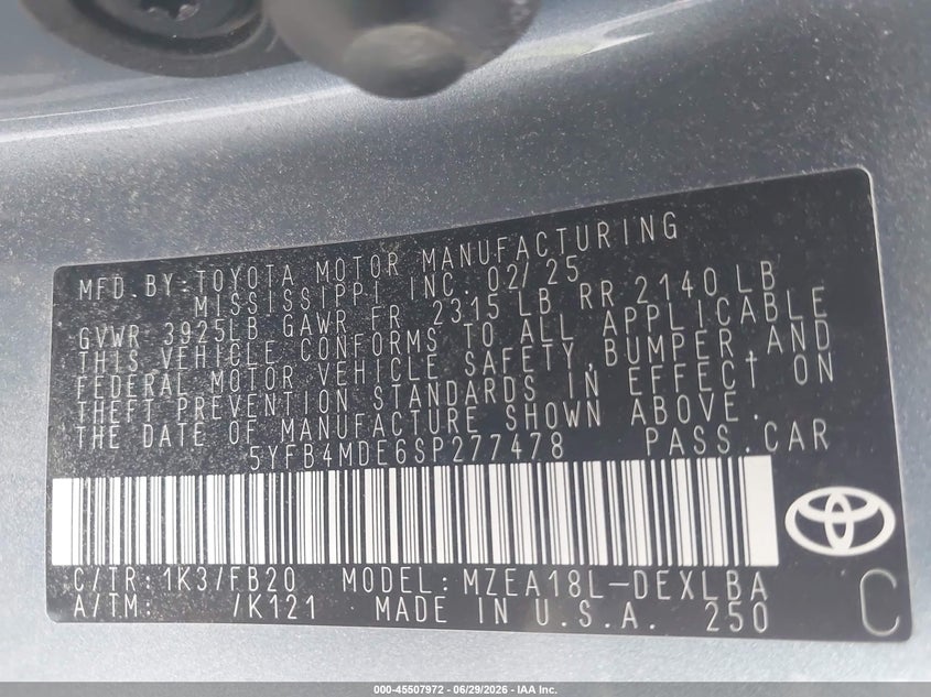 2025 TOYOTA COROLLA SEDAN 2.0L I-4 DI, DOHC, VVT, 169HP