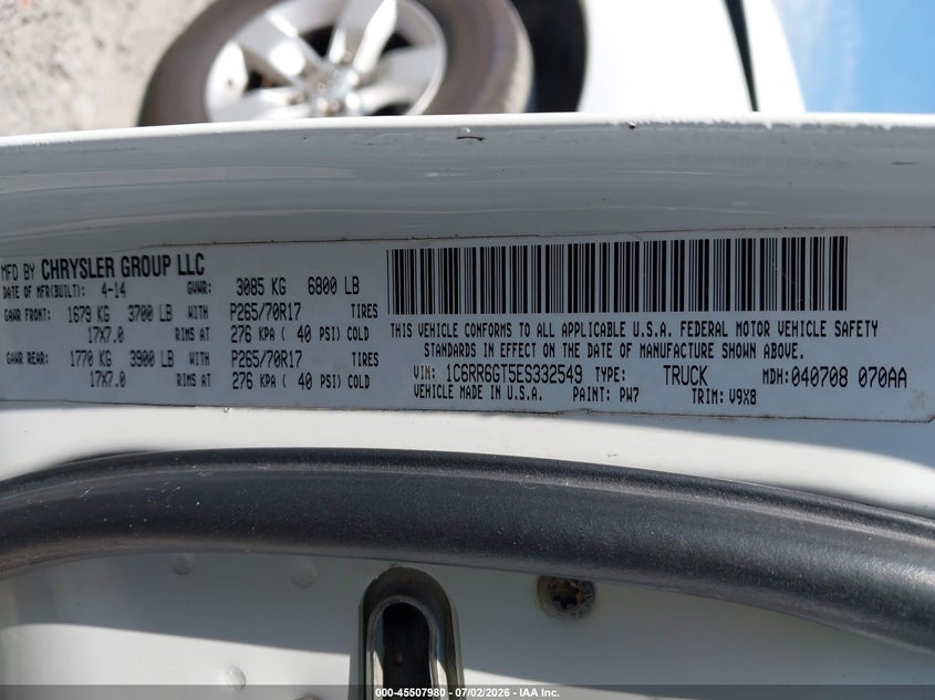 RAM 1500 2014 VIN 1C6RR6GT5ES332549