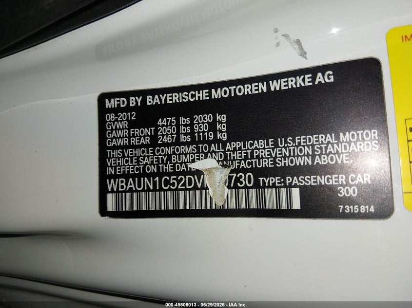 2013 BMW 128I VIN: WBAUN1C52DVR00730 Lot: 45508013