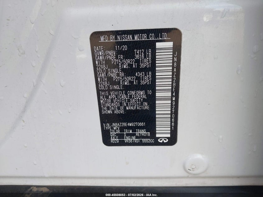 2021 Infiniti Qx80 Sensory Awd VIN: JN8AZ2BE4M9270661 Lot: 45508053