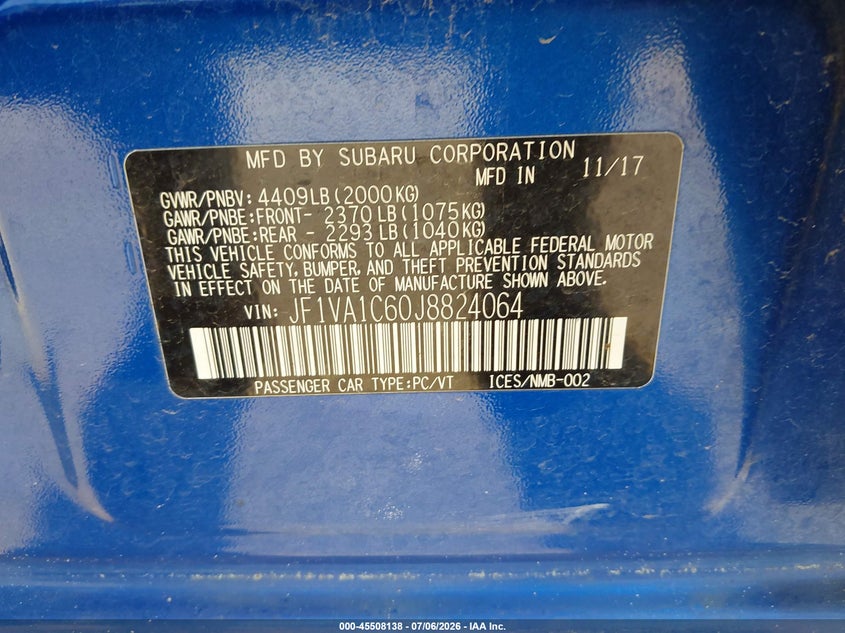 2018 Subaru Wrx Premium VIN: JF1VA1C60J8824064 Lot: 45508138