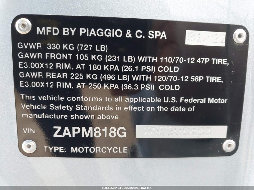 2022 Vespa Primavera/Sprint 150 VIN: ZAPM818G2N5906483 Lot: 45508164