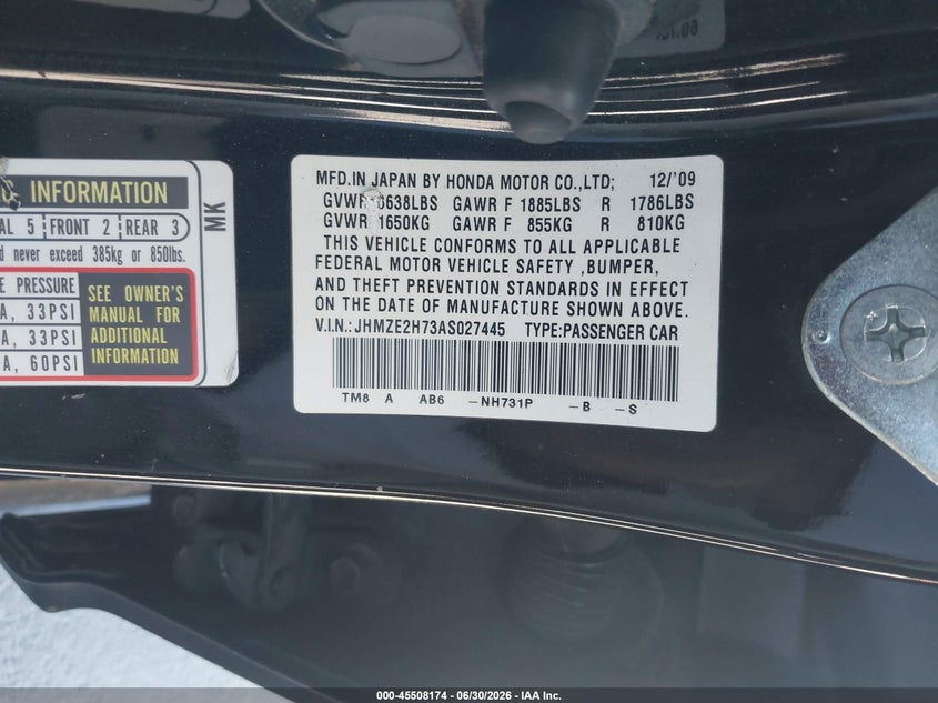 2010 Honda Insight Ex VIN: JHMZE2H73AS027445 Lot: 45508174