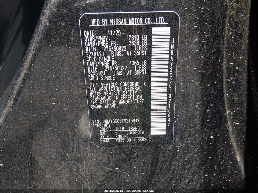 2026 Nissan Armada Platinum Reserve VIN: JN8AY3CC5T9215947 Lot: 45508213
