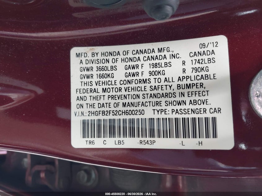 2012 HONDA CIVIC SEDAN 1.8L I-4 VVT, 140HP