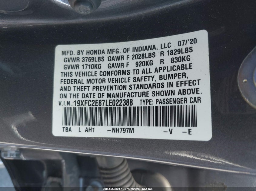 2020 HONDA CIVIC SEDAN 2.0L I-4 DOHC, VVT, 158HP