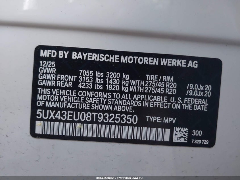 BMW X5 PHEV 2026 VIN 5UX43EU08T9325350