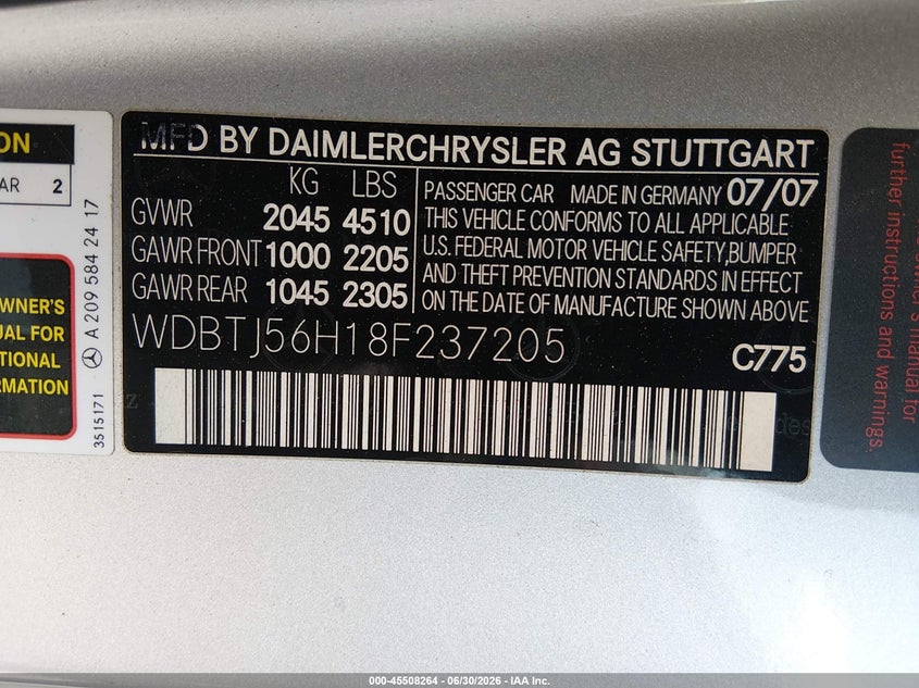2008 Mercedes-Benz Clk 350 VIN: WDBTJ56H18F237205 Lot: 45508264