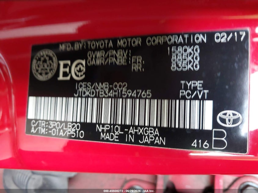 2017 Toyota Prius C Technology VIN: JTDKDTB34H1594765 Lot: 45508273