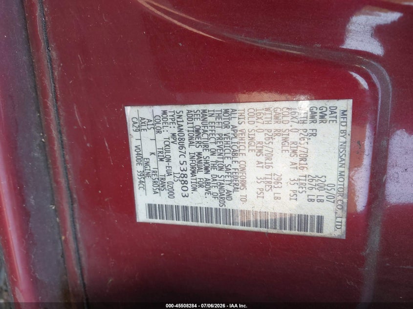 2007 Nissan Xterra X VIN: 5N1AN08U67C538803 Lot: 45508284