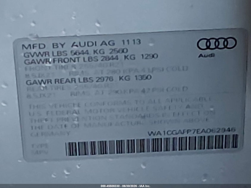 2014 Audi Sq5 3.0T Premium Plus VIN: WA1CGAFP7EA062946 Lot: 45508330