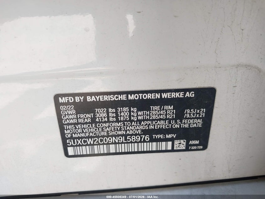 2022 BMW X7 xDrive40I VIN: 5UXCW2C09N9L58976 Lot: 45508349