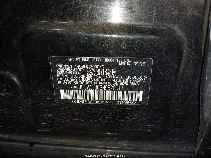 2017 Subaru Wrx VIN: JF1VA1B66H9820011 Lot: 45508352