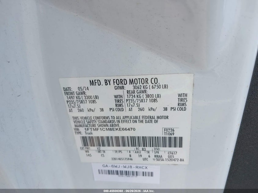 2014 Ford F-150 Stx/Xl/Xlt VIN: 1FTMF1CM8EKE66470 Lot: 45508368