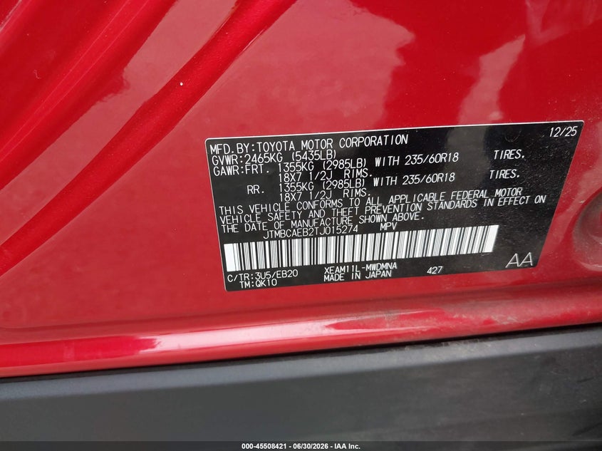 2026 Toyota Bz Xle Plus VIN: JTMBCAEB2TJ015274 Lot: 45508421