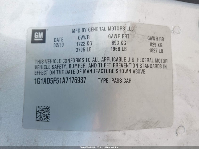 2010 Chevrolet Cobalt Lt VIN: 1G1AD5F51A7176937 Lot: 45508454