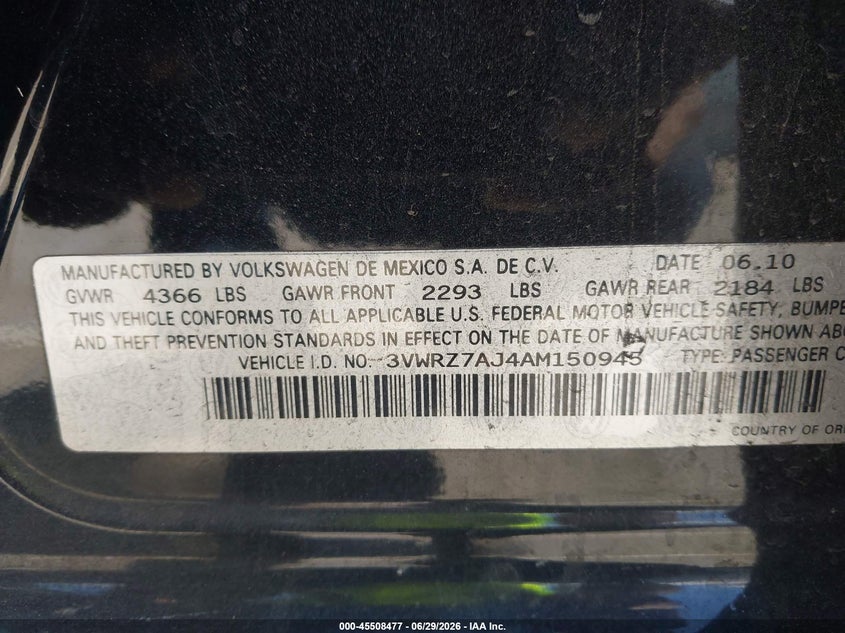 2010 Volkswagen Jetta Limited Edition VIN: 3VWRZ7AJ4AM150945 Lot: 45508477