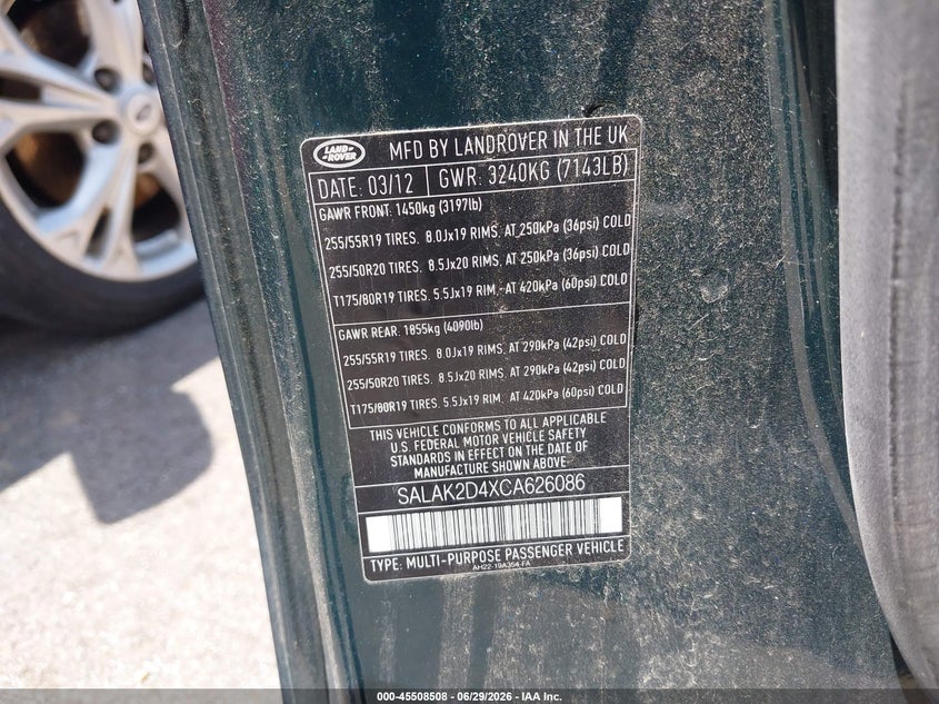 2012 Land Rover Lr4 VIN: SALAK2D4XCA626086 Lot: 45508508