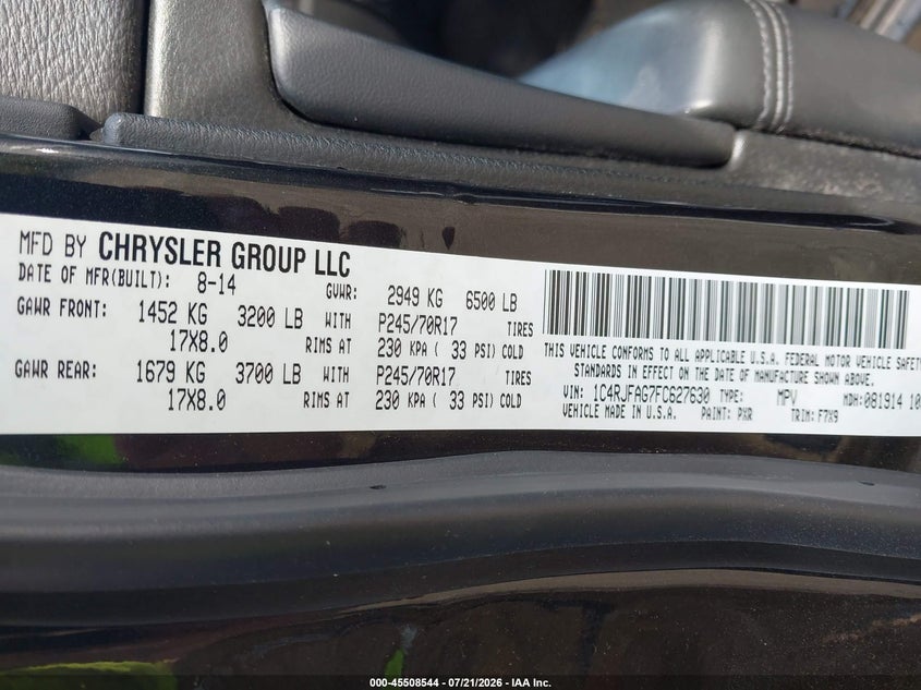 2015 Jeep Grand Cherokee Laredo VIN: 1C4RJFAG7FC627630 Lot: 45508544