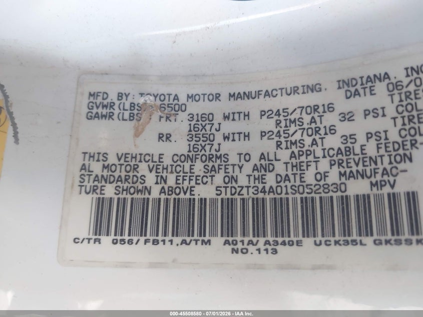 2001 Toyota Sequoia Sr5 V8 VIN: 5TDZT34A01S052830 Lot: 45508580